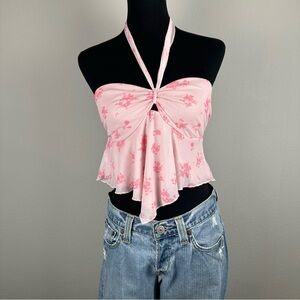 Pink Floral Mesh Halter Top Size Small Lined Stretch Feminine Softgirl Coquette